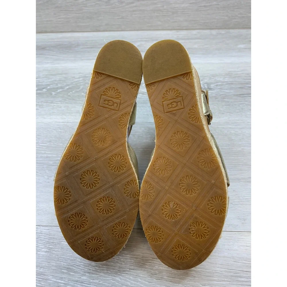 UGG Yarrow Women's Metallic Gold Leather Cork Espadrille Wedge Sandals 7